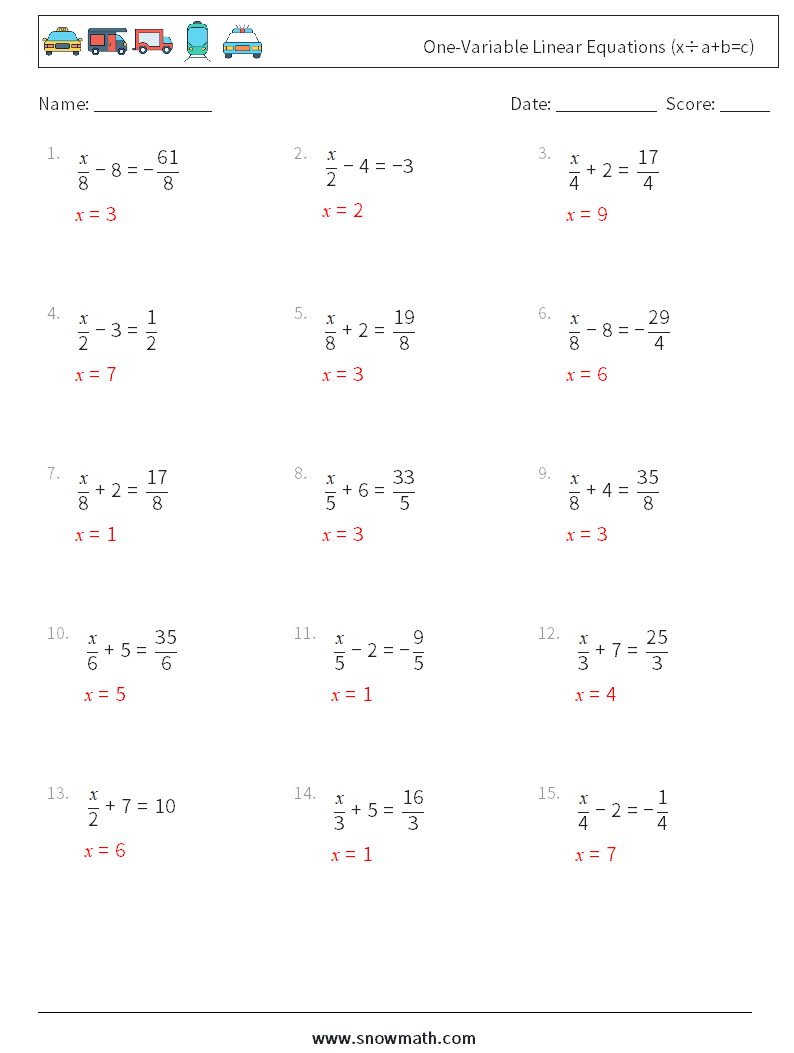 One-Variable Linear Equations (x÷a+b=c) Math Worksheets 11 Question, Answer