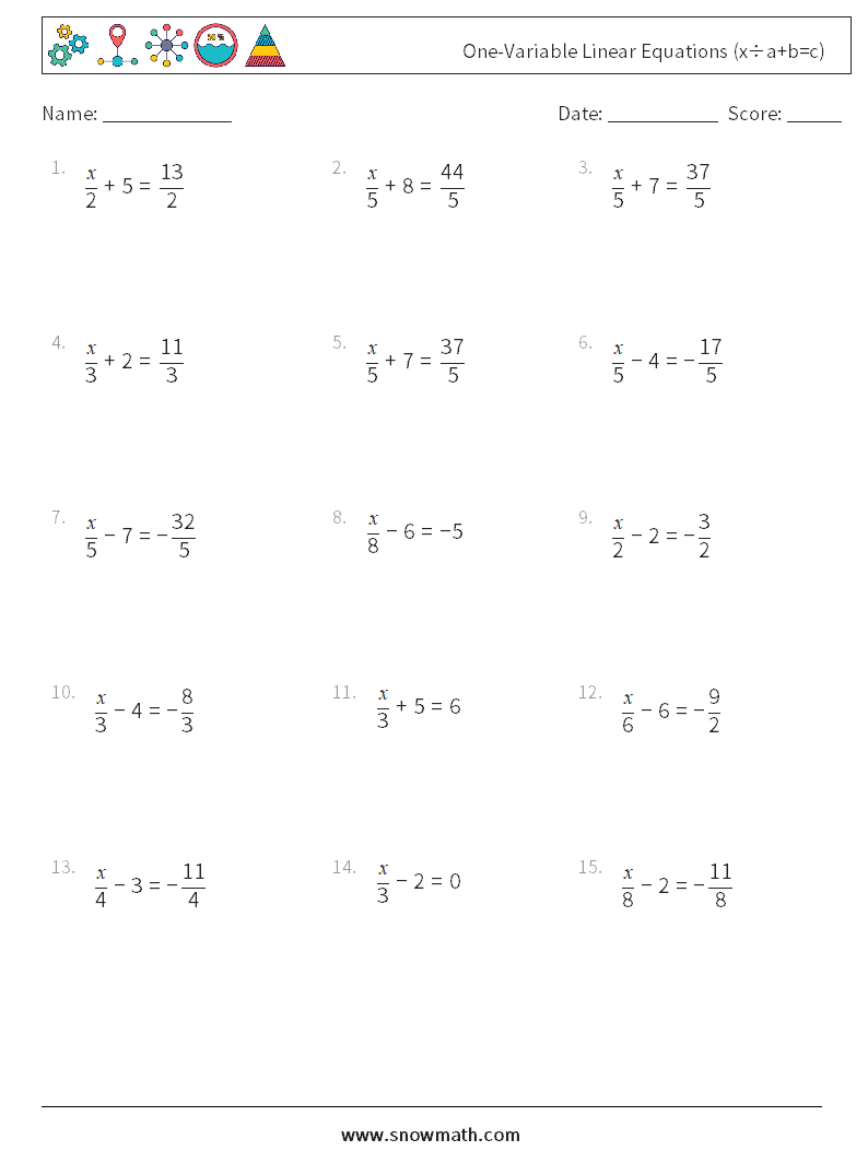 One-Variable Linear Equations (x÷a+b=c) Math Worksheets 12