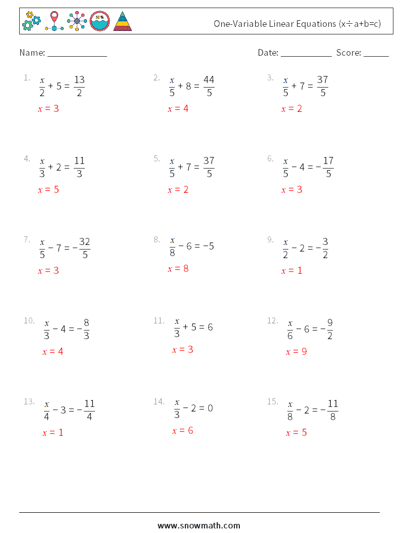 One-Variable Linear Equations (x÷a+b=c) Math Worksheets 12 Question, Answer