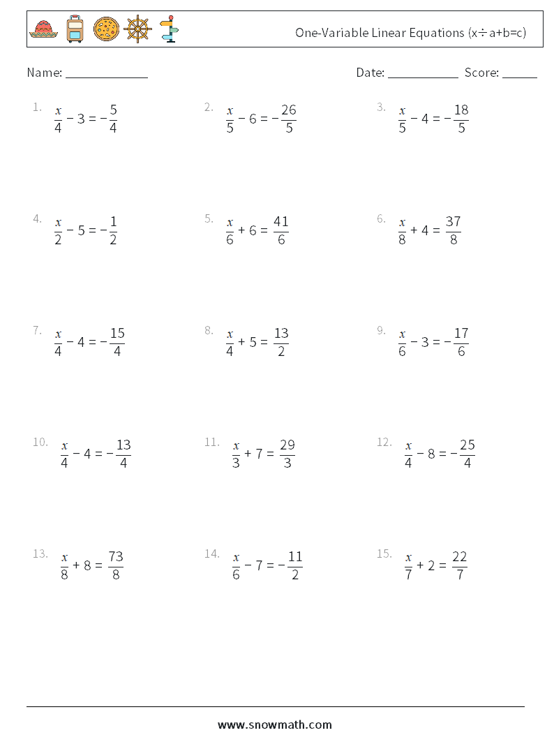 One-Variable Linear Equations (x÷a+b=c) Math Worksheets 13