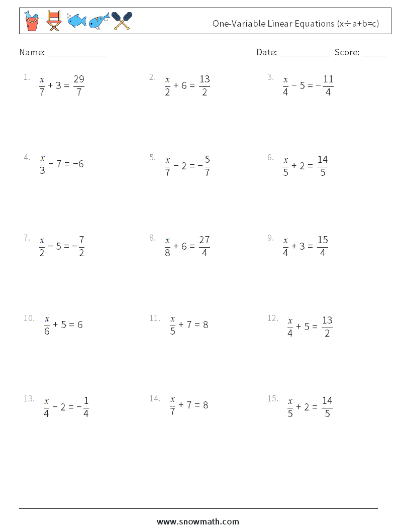 One-Variable Linear Equations (x÷a+b=c) Maths Worksheets 14