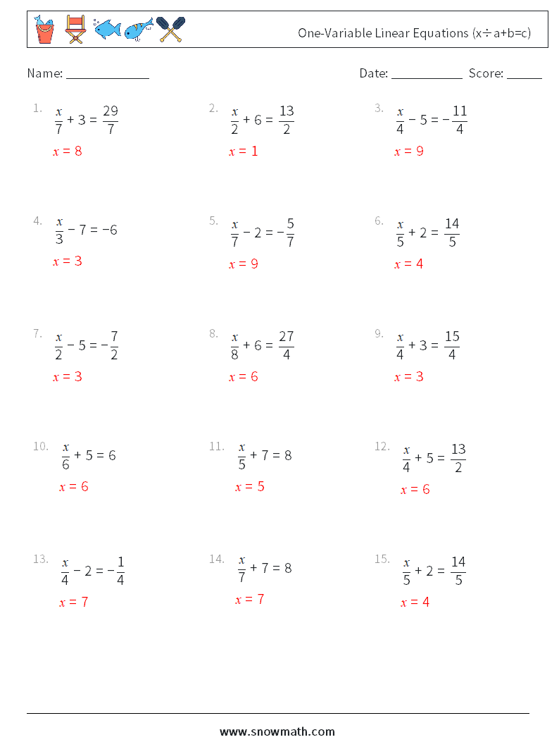 One-Variable Linear Equations (x÷a+b=c) Math Worksheets 14 Question, Answer