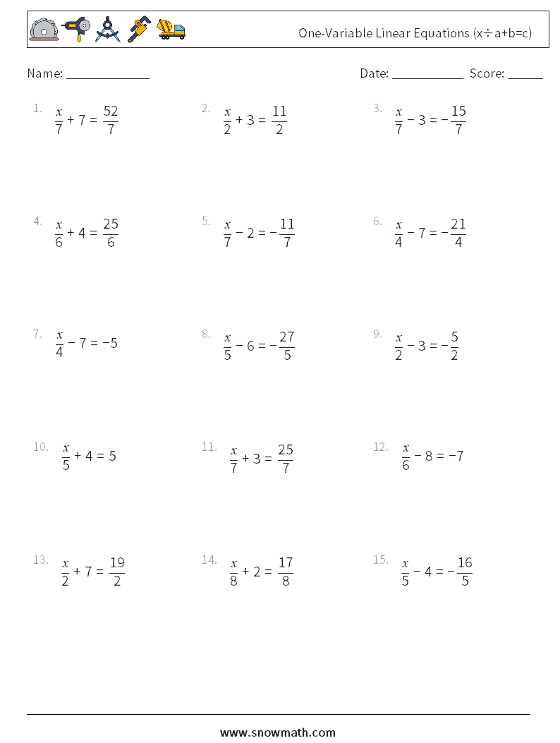 One-Variable Linear Equations (x÷a+b=c) Math Worksheets 15