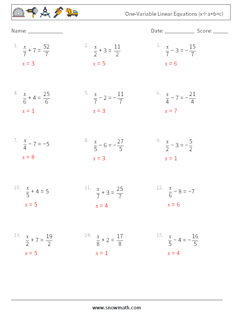 One-Variable Linear Equations (x÷a+b=c) Math Worksheets 15 Question, Answer