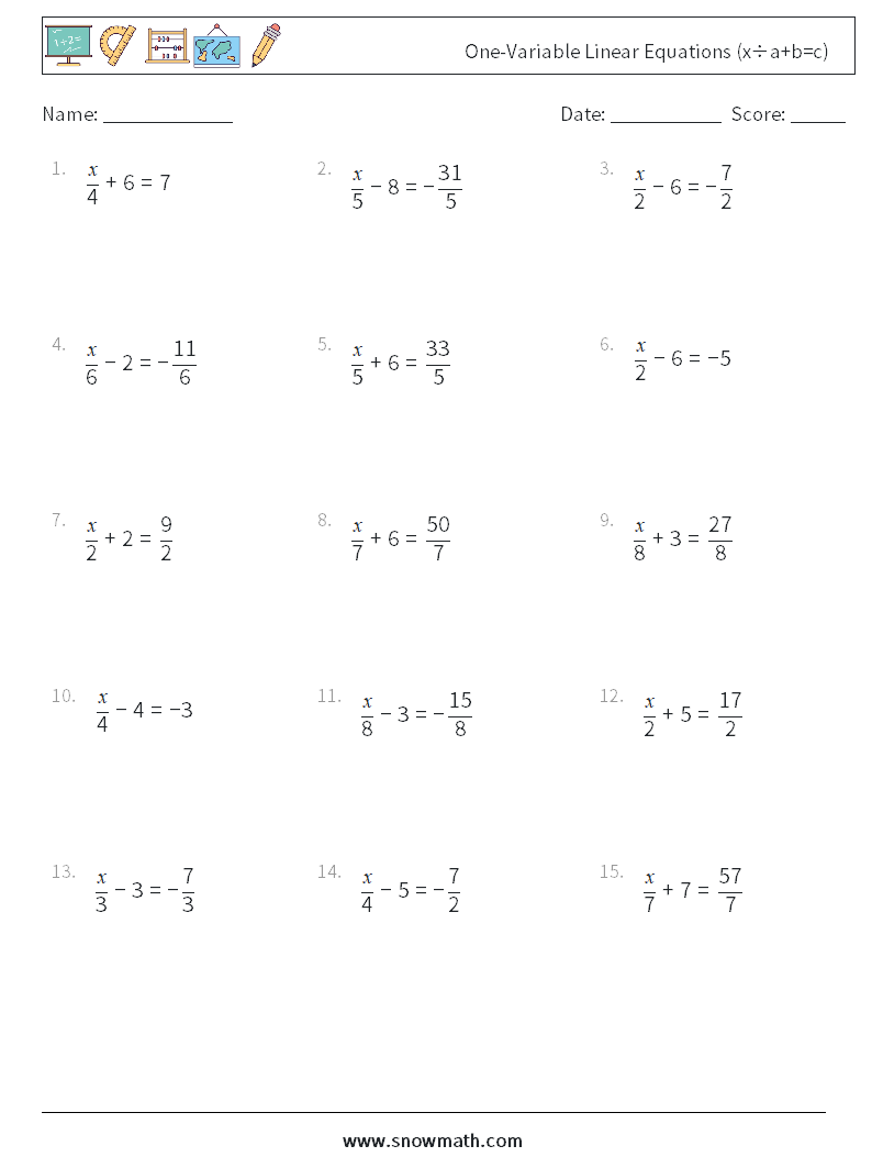 One-Variable Linear Equations (x÷a+b=c) Maths Worksheets 16