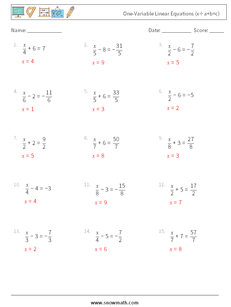 One-Variable Linear Equations (x÷a+b=c) Math Worksheets 16 Question, Answer