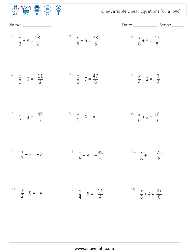 One-Variable Linear Equations (x÷a+b=c) Math Worksheets 17