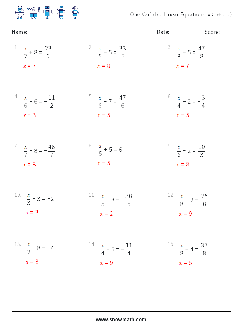 One-Variable Linear Equations (x÷a+b=c) Math Worksheets 17 Question, Answer