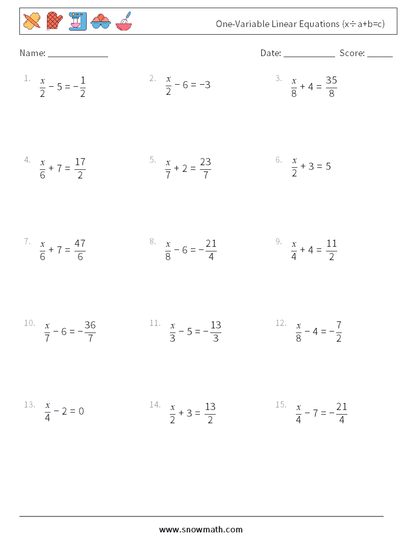 One-Variable Linear Equations (x÷a+b=c) Maths Worksheets 18