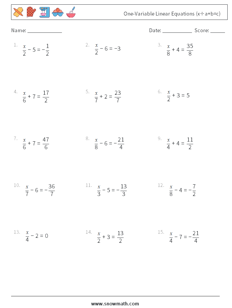 One-Variable Linear Equations (x÷a+b=c) Math Worksheets 18