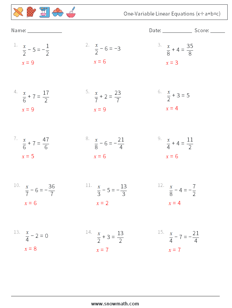 One-Variable Linear Equations (x÷a+b=c) Math Worksheets 18 Question, Answer