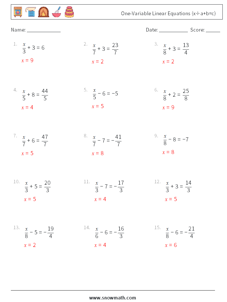 One-Variable Linear Equations (x÷a+b=c) Math Worksheets 1 Question, Answer