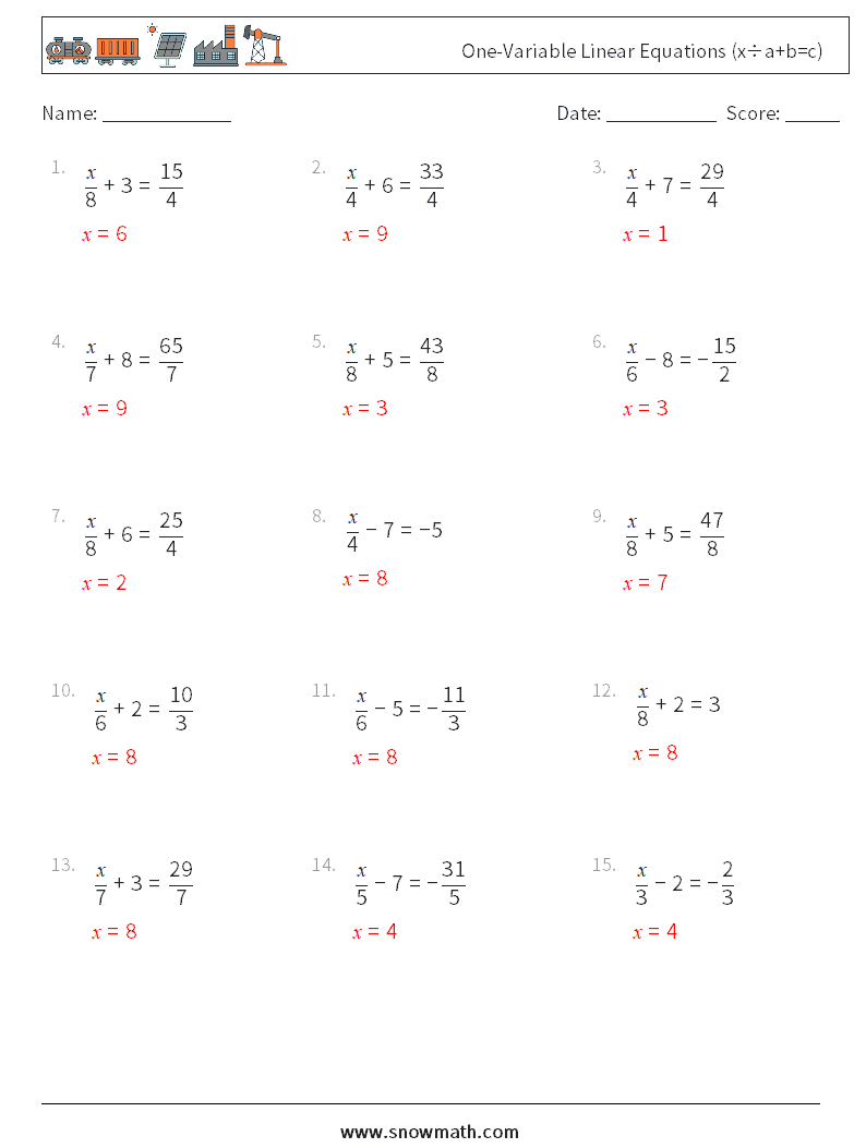 One-Variable Linear Equations (x÷a+b=c) Math Worksheets 2 Question, Answer