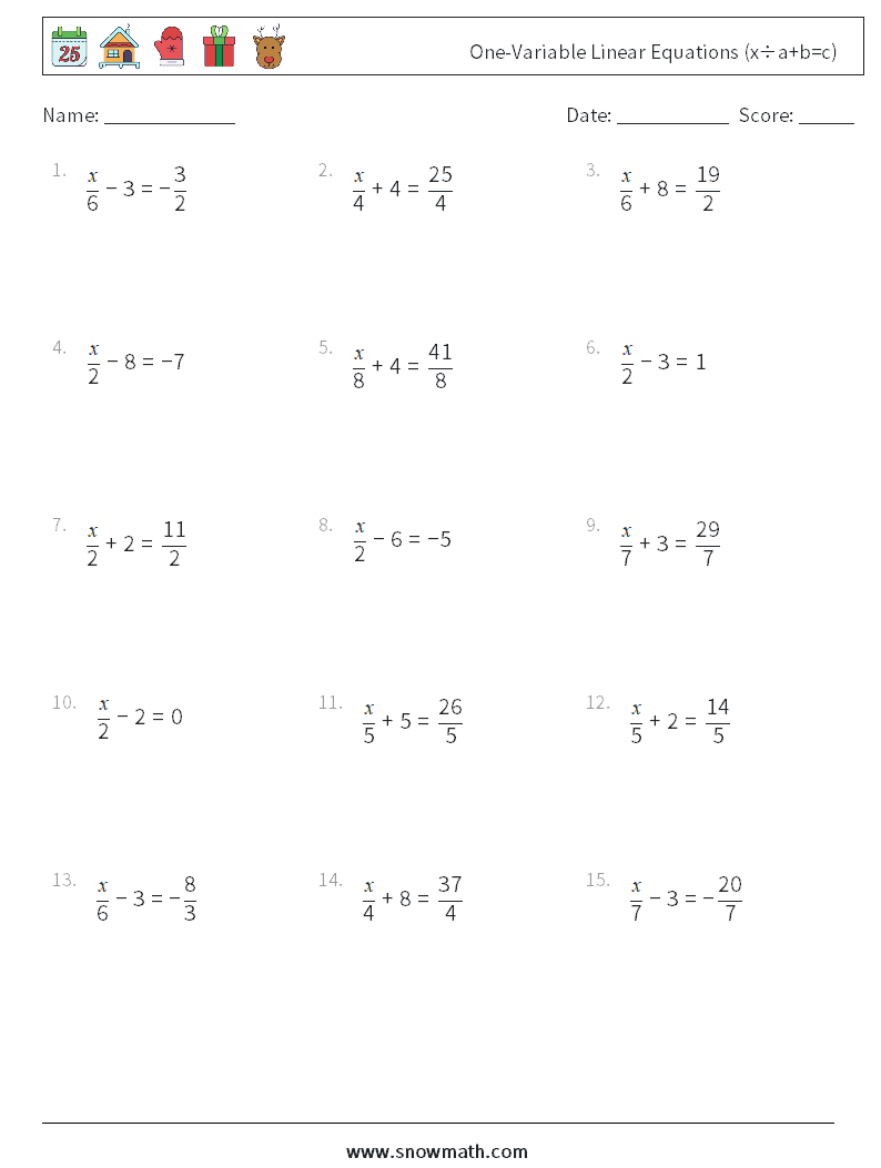 One-Variable Linear Equations (x÷a+b=c) Math Worksheets 3