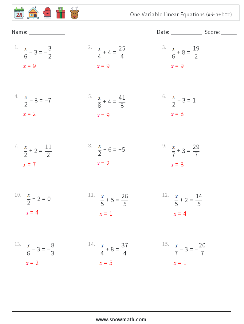 One-Variable Linear Equations (x÷a+b=c) Math Worksheets 3 Question, Answer