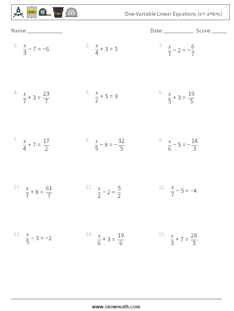 One-Variable Linear Equations (x÷a+b=c) Math Worksheets 4