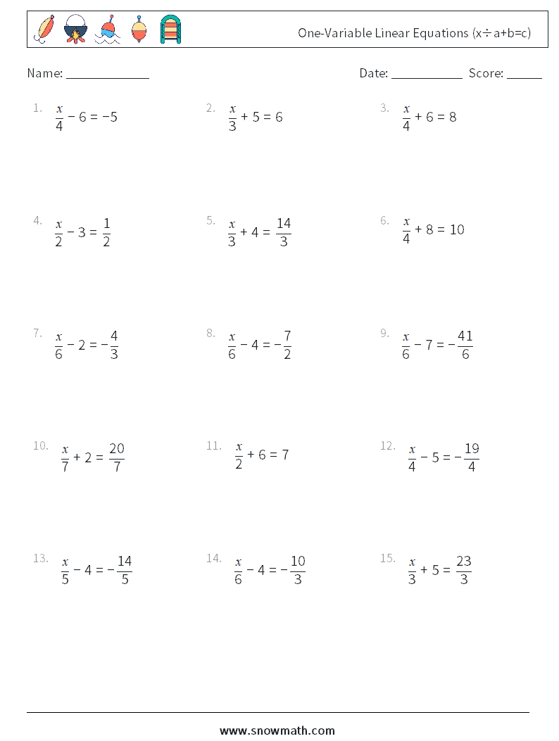 One-Variable Linear Equations (x÷a+b=c) Math Worksheets 5