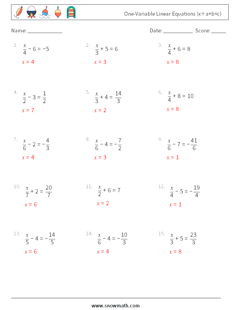 One-Variable Linear Equations (x÷a+b=c) Math Worksheets 5 Question, Answer