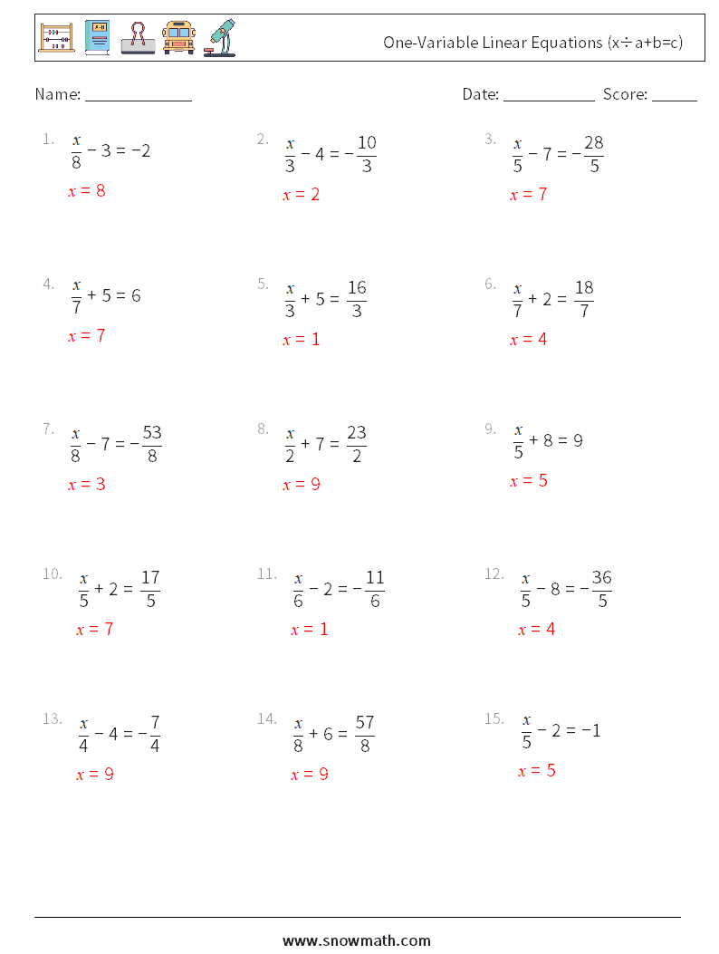 One-Variable Linear Equations (x÷a+b=c) Math Worksheets 6 Question, Answer