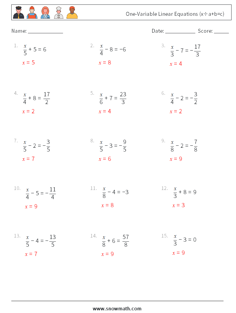 One-Variable Linear Equations (x÷a+b=c) Math Worksheets 7 Question, Answer