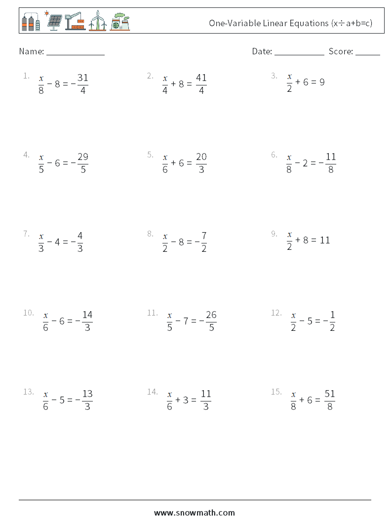 One-Variable Linear Equations (x÷a+b=c) Maths Worksheets 8