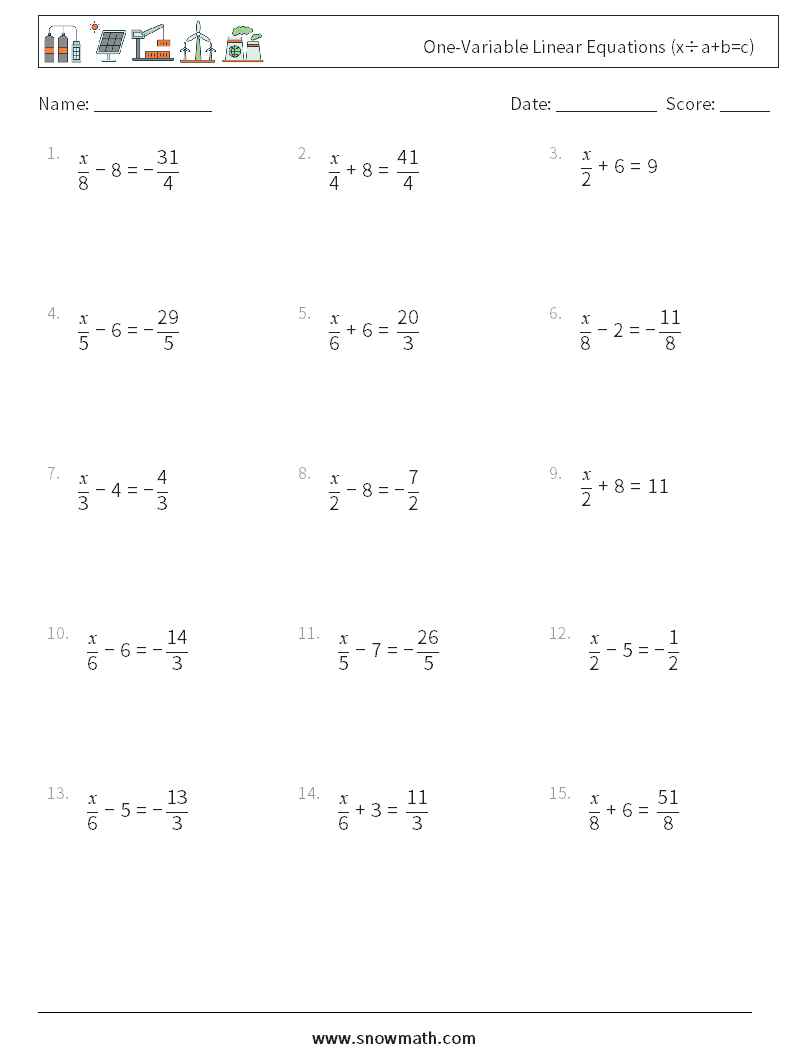 One-Variable Linear Equations (x÷a+b=c) Math Worksheets 8