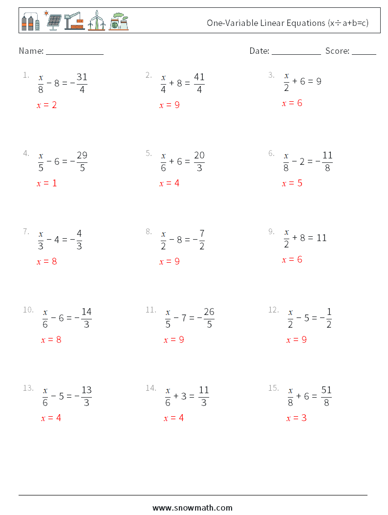 One-Variable Linear Equations (x÷a+b=c) Math Worksheets 8 Question, Answer