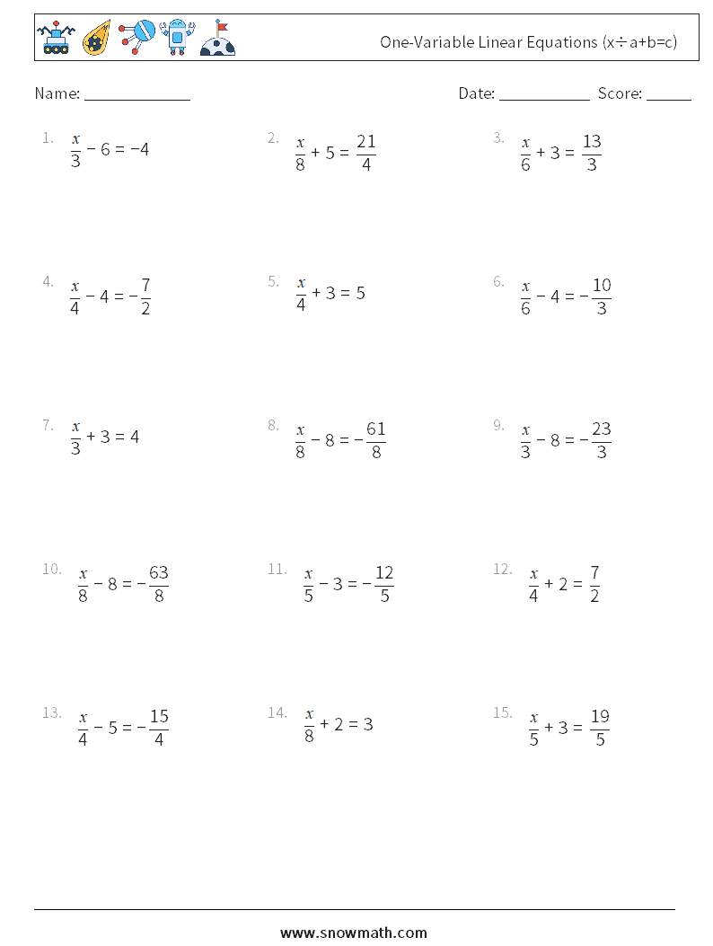One-Variable Linear Equations (x÷a+b=c) Math Worksheets 9
