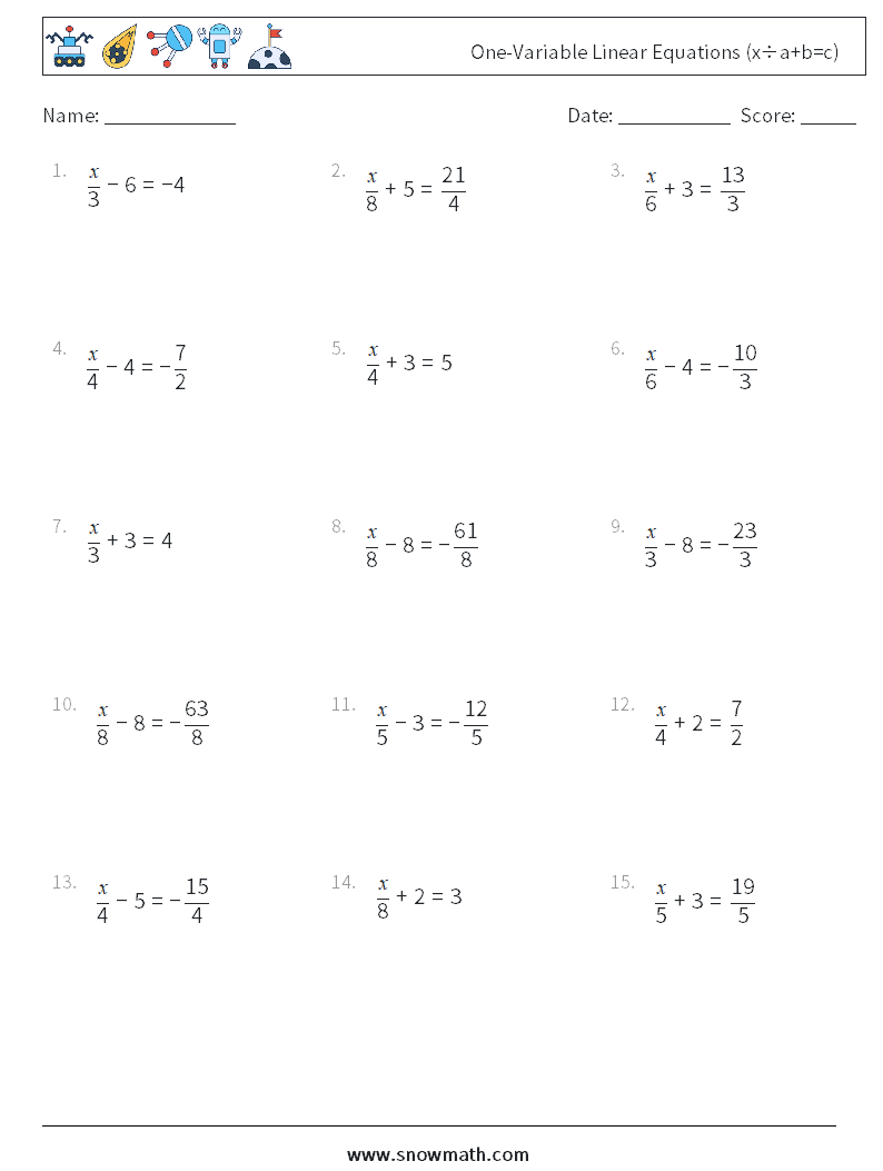 One-Variable Linear Equations (x÷a+b=c) Maths Worksheets 9