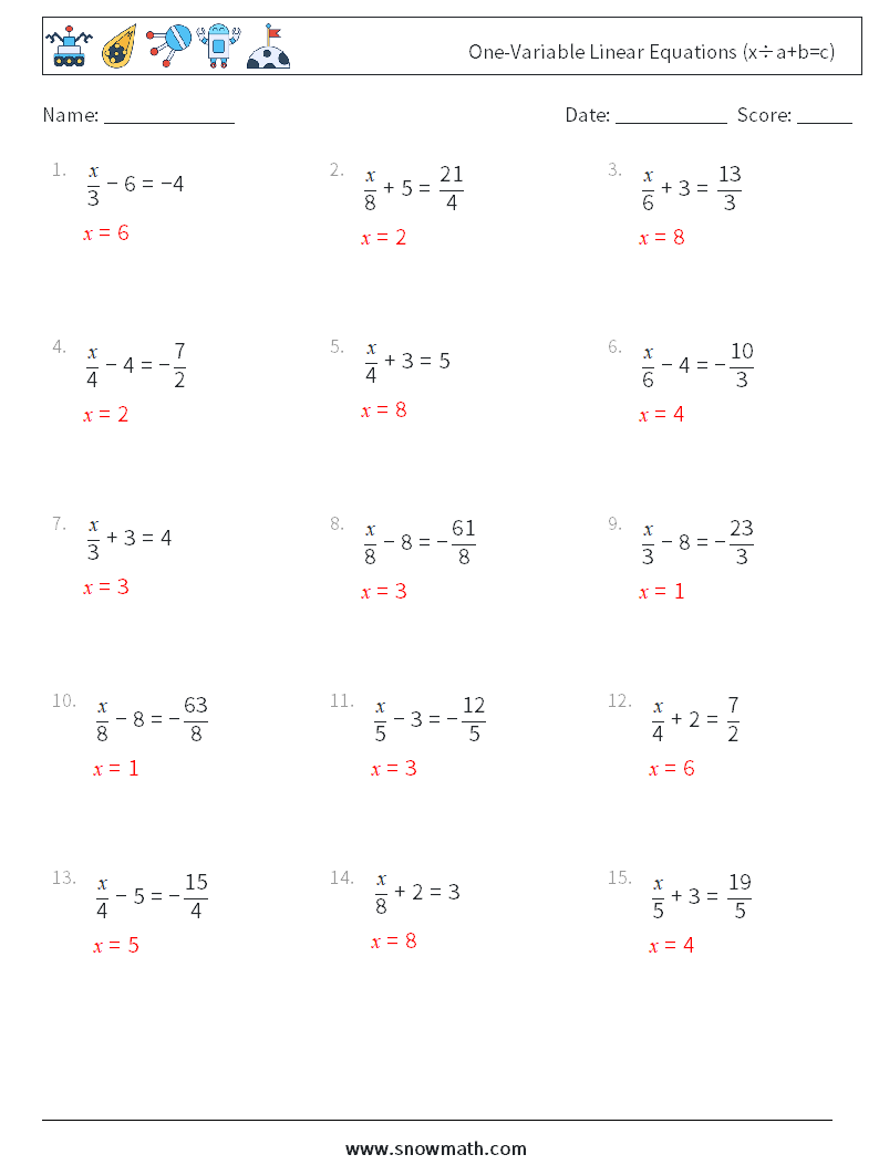 One-Variable Linear Equations (x÷a+b=c) Math Worksheets 9 Question, Answer