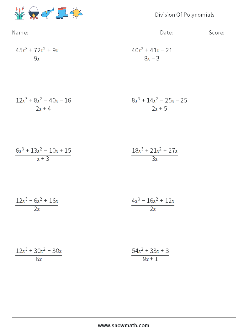 Division Of Polynomials Math Worksheets 1