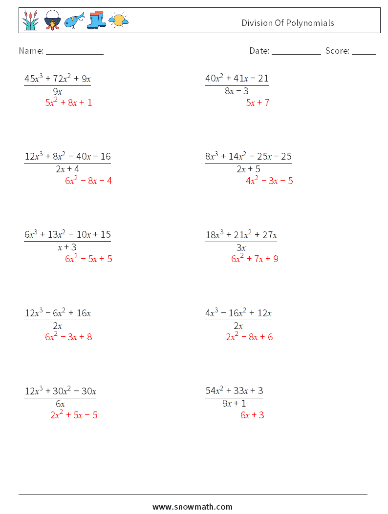 Division Of Polynomials Math Worksheets 1 Question, Answer