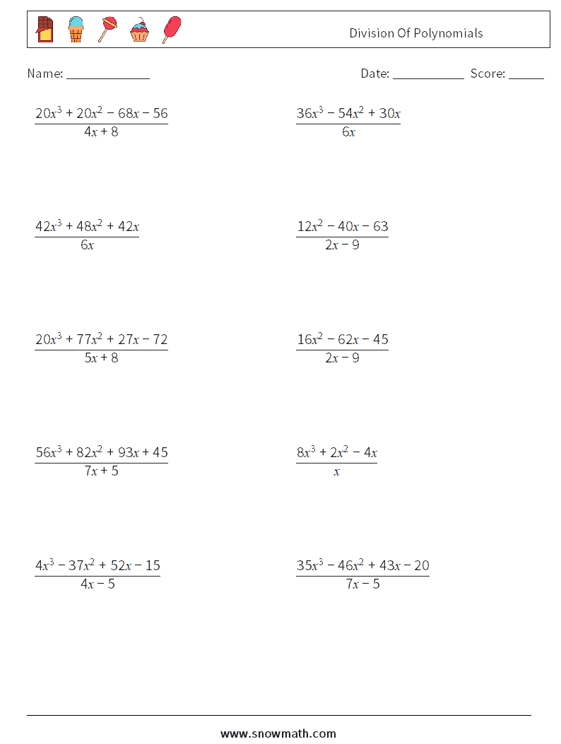 Division Of Polynomials Math Worksheets 2