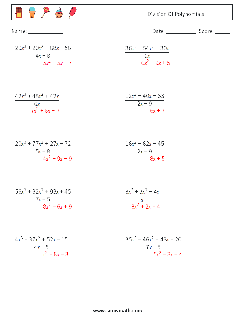 Division Of Polynomials Math Worksheets 2 Question, Answer