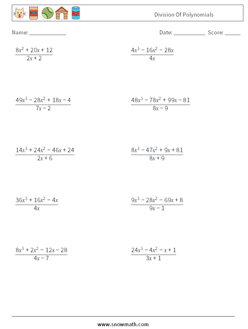Division Of Polynomials Math Worksheets 3