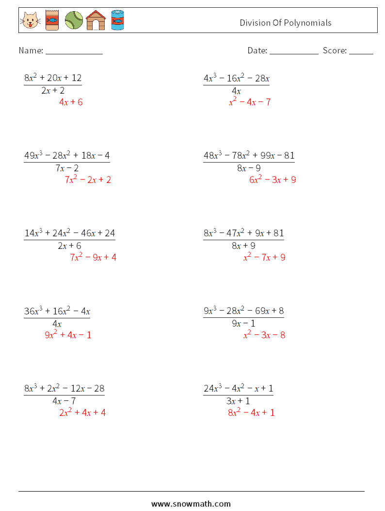 Division Of Polynomials Math Worksheets 3 Question, Answer