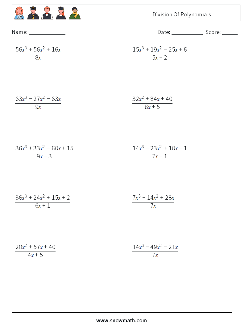 Division Of Polynomials Math Worksheets 4