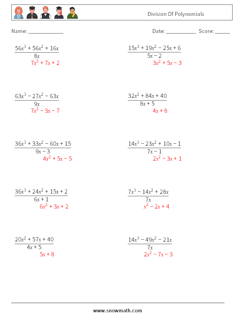 Division Of Polynomials Math Worksheets 4 Question, Answer