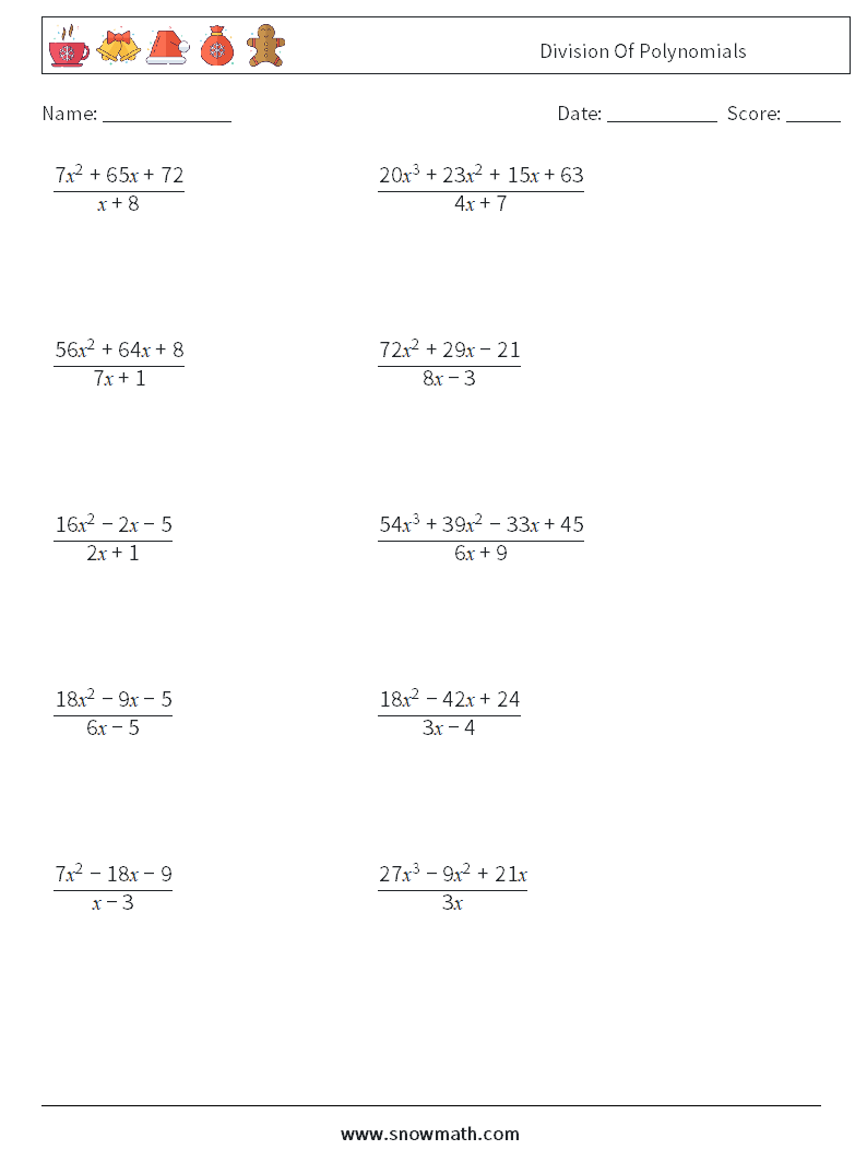 Division Of Polynomials Math Worksheets 5