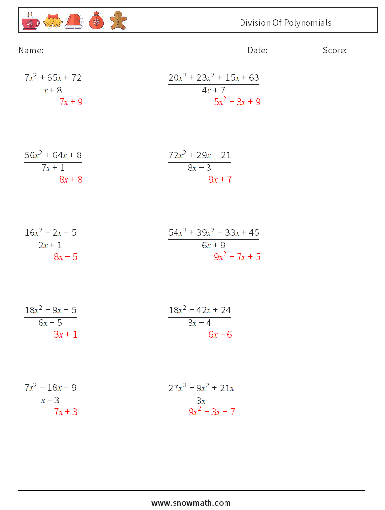 Division Of Polynomials Math Worksheets 5 Question, Answer