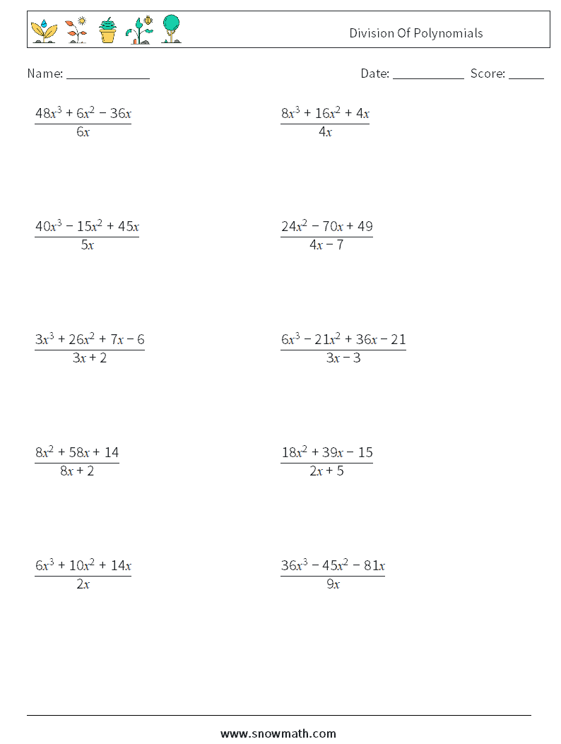 Division Of Polynomials Math Worksheets 6