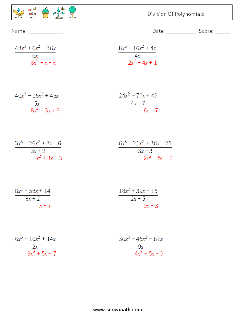 Division Of Polynomials Math Worksheets 6 Question, Answer
