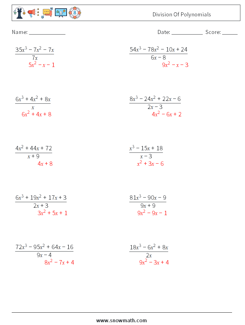 Division Of Polynomials Math Worksheets 7 Question, Answer