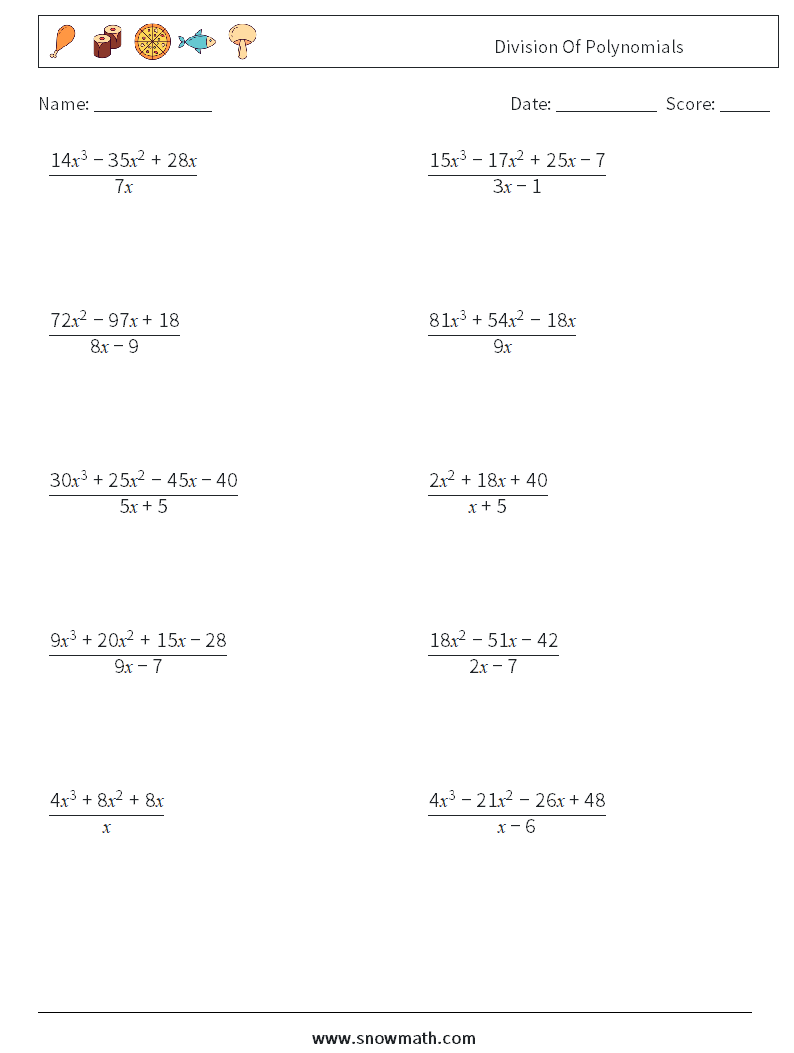 Division Of Polynomials Math Worksheets 8