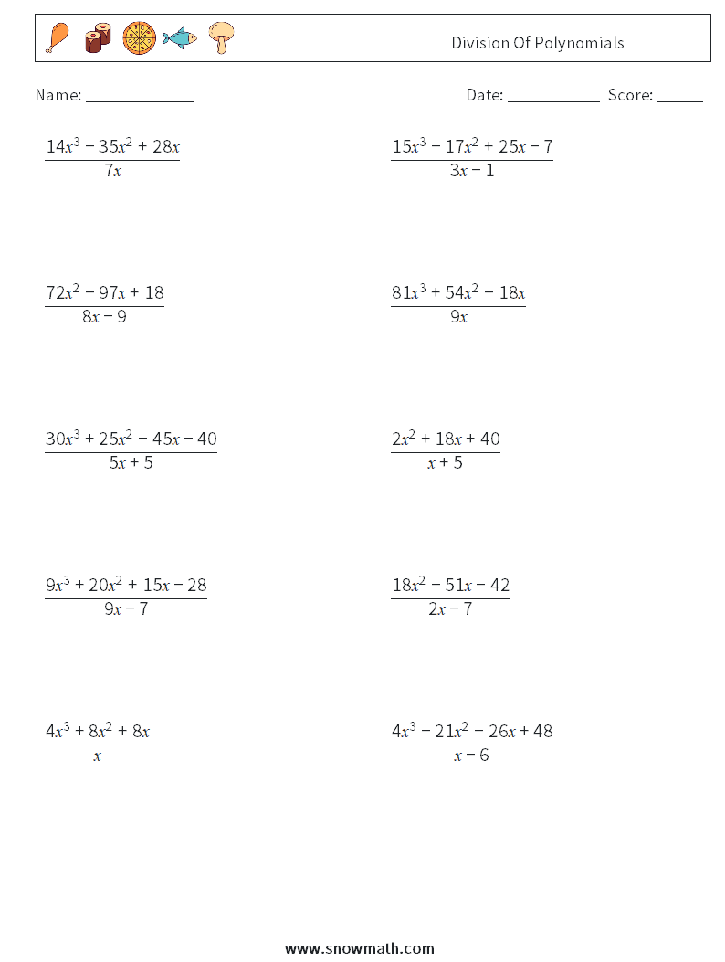 Division Of Polynomials Maths Worksheets 8