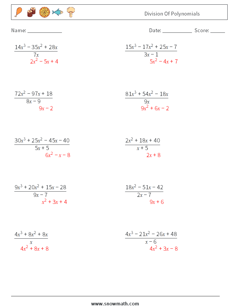 Division Of Polynomials Math Worksheets 8 Question, Answer