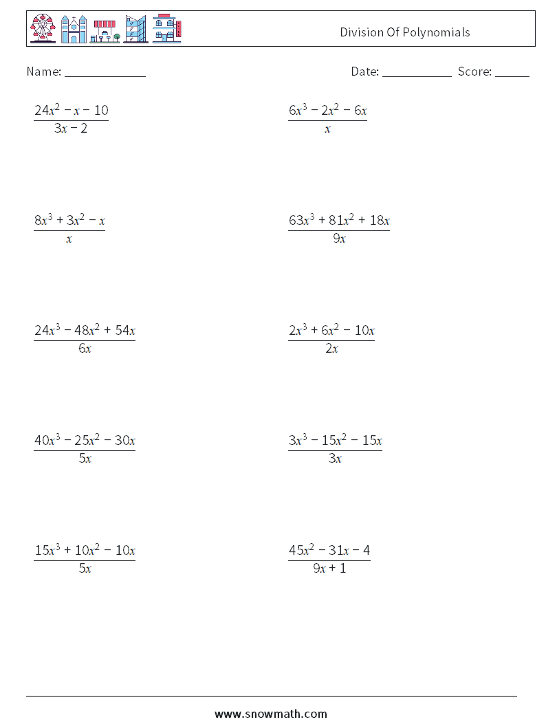 Division Of Polynomials Math Worksheets 9