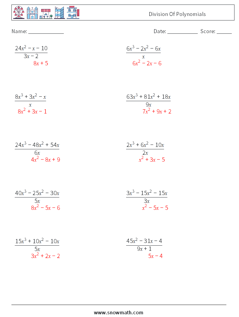 Division Of Polynomials Math Worksheets 9 Question, Answer