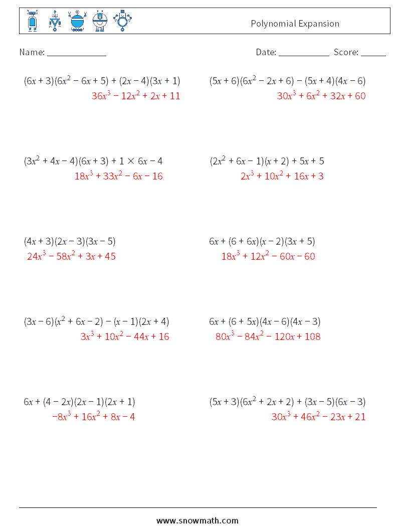 Polynomial Expansion Math Worksheets 2 Question, Answer