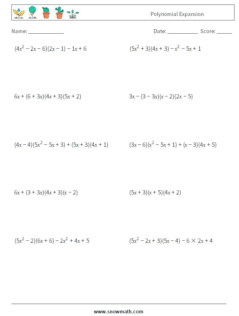 Polynomial Expansion Math Worksheets 3